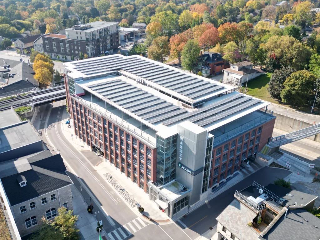 can you build on top of a parking structure? The image shows an above grade parking structure in Guelph Ontario