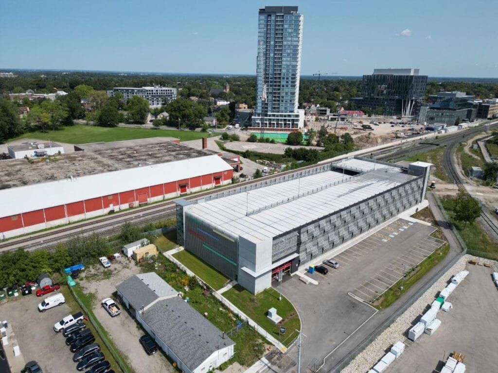 Image of the Joseph Street parking garage in Kitchener built for Perimeter Developments who rent it out to Google. Showing that open-air parking structures can be attractive.