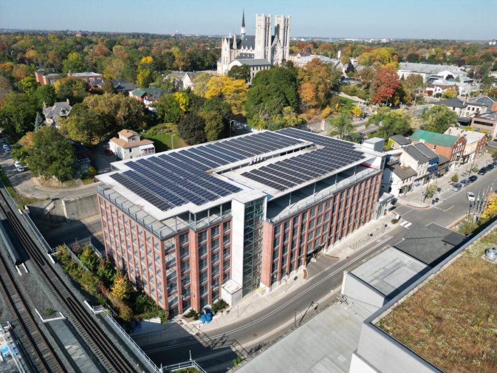 Image of the Market Parkade in Guelph. Showing that open-air parking structures can be attractive.