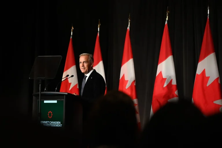 Speaker at a lectern with Canadian flags during the Canada Investment Summit in Toronto.